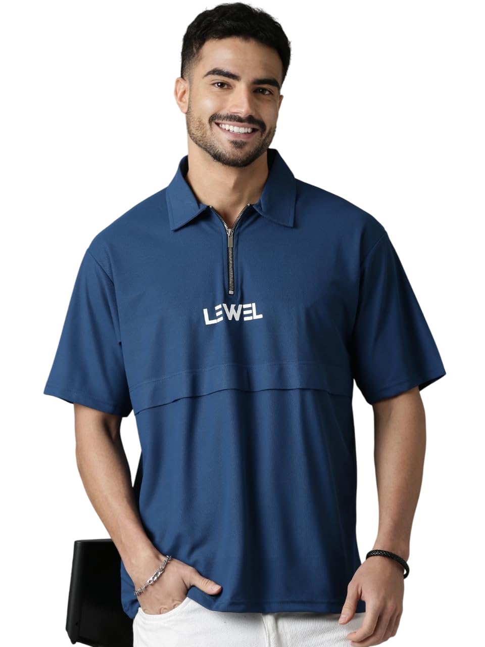 lewel Men's Stylish Layered 3/4 Sleeve Oversized Zipper Polo T-Shirt (Blue)-picture-3