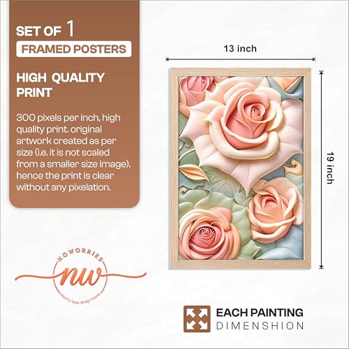 Image of NoWorries 3D Rose Floral Wall Painting with Frame Set of 1 | Premium Textured Pastel Flower Artwork, Luxury Botanical Nature Wall Decor for Living Room, Bedroom, Office and Home Decoration (3d Art-2,13x19inch)