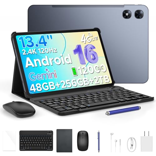 Image of P13 Pro Tablet, 13.4 inch Tablet, 48GB RAM 256GB ROM, Android 16 Tablet with Gemini AI, 120Hz, 12000mAh, 16MP+8MP, 7.7mm Body, 5G WiFi, 4G LTE, Tablet with Keyboard, Pen, Headphone - Gray
