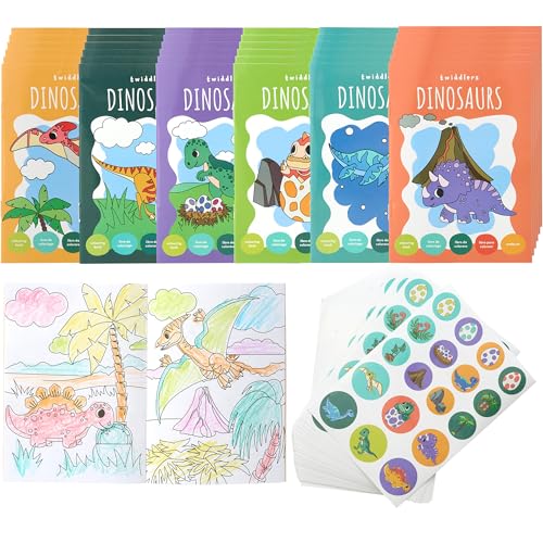 THE TWIDDLERS 36 Mini Libri da Colorare per Borse da Festa, con Adesivi - Tema Dinosauri, Mini Libri A6 per Bambini, Età 4-8 Anni, Piccoli Libri da Colorare Perfetti per Riempire le Borse da Festa