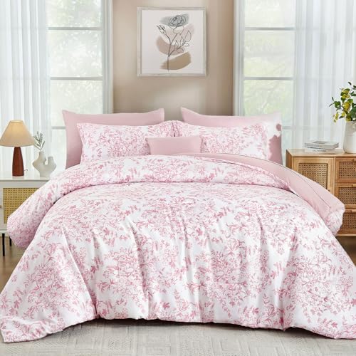 WONGS BEDDING King Size Comforter Set 8 Pieces Pink Floral Bed in a Bag Comforter Sets Botanical Print Soft Fluffy Microfiber Complete Bedding Sets for All Season (90x104)