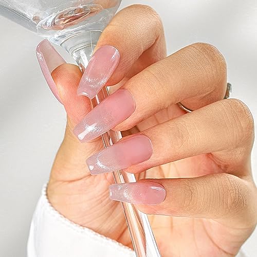 Sethexy French Long Coffin Pink False Nails Handmade Simple Glossy Fake Nails Glitter Acrylic Press On Nails Sparkle Salon Quality Nail Art Removable for Women and Girls (Z)