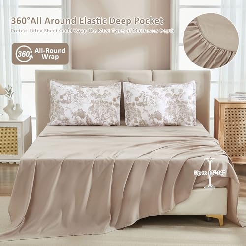Image of DJY Khaki Comforter Set Full Size,7 Pieces Bed in a Bag Botanical Comforters with Sheets Elegant Plants Print Soft Microfiber Reversible Complete Bedding Sets for All Season