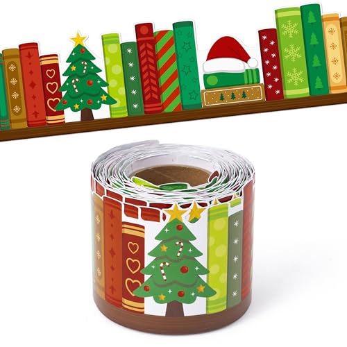 Image of BeYumi Christmas Bookshelf Border Trim - 65ft Christmas Books Rolled Border Trim Xmas Tree Santa's Hat Bookshelf Bulletin Board Set Library Classroom Office Chalkboard Home Door Wall Party Decoration