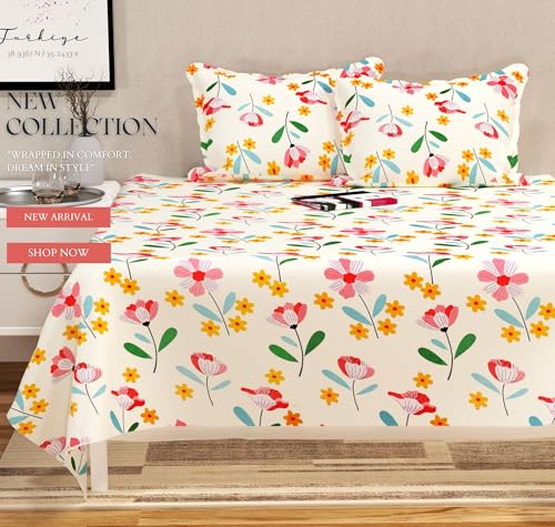 Image of BSB HOME 100% Cotton Feel Double Bed Bedsheet Set | 144 TC Soft & Breathable | Mint Green White Flower Print with 2 Pillow Covers | Wrinkle Free | for Bedroom (90 x 90 Inches)