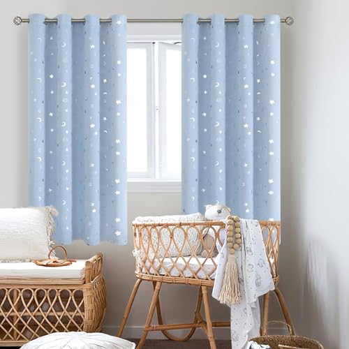 Image of BGment Nursery Curtains for Boys Bedroom, Star and Moon Blackout Curtains for Kids Room, Girls Thermal Insulated Room Darkening Window Curtains Drapes with Grommet 63 Inch Long, Spa Blue, 52 Wide