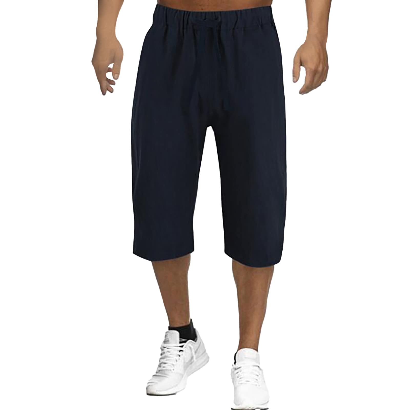 Men's Navy Cotton Linen Shorts 3/4 Length Capris Shorts Below Knee Summer Casual Beach Yoga Pants Lightweight Comfy Joggers Sweatpants Drawstring Pull On Bermuda Paperbag Slack Pants