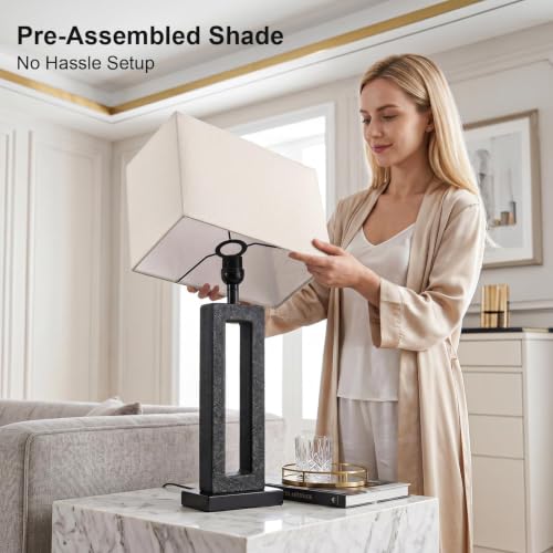 Image of 22 inch Matte Black Textured Ceramic Table Lamps Set of 2, Modern Bedside Lamps with Linen Shade, 5ft Cord Inline Rotary Gear Switch E26 Nightstand Lamp for Bedroom Living Room Entryway Decor
