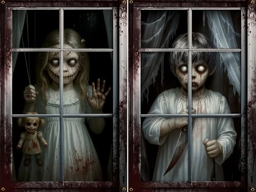 Halloween Window Silhouette Cover Boy and Girl Curtain Decorations,...