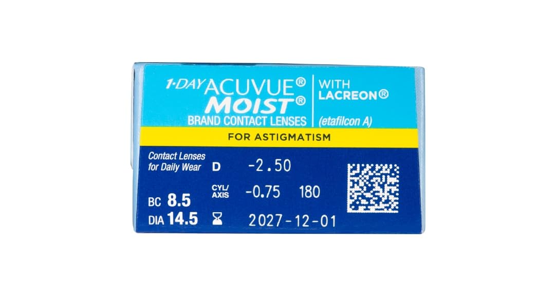ACUVUE 1-DAY Acuvue MOIST for ASTIGMATISM - Lenti a contatto giornaliere; protezione UV;-4.50 diottrie; Cilindro -1.25 ; Asse 150 ; BC 8.5; DIA 14.50; 30 lenti