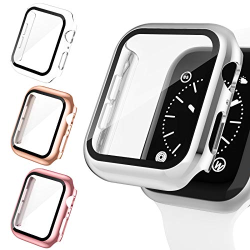 Goosehill 4 Pack Case for Apple Watch 44mm Built-in Tempered Glass Screen Protector, Slim Guard Bumper Full Coverage HD Ultra-Thin Cover Compatible with iWatch 44mm Series 6/5/4/SE