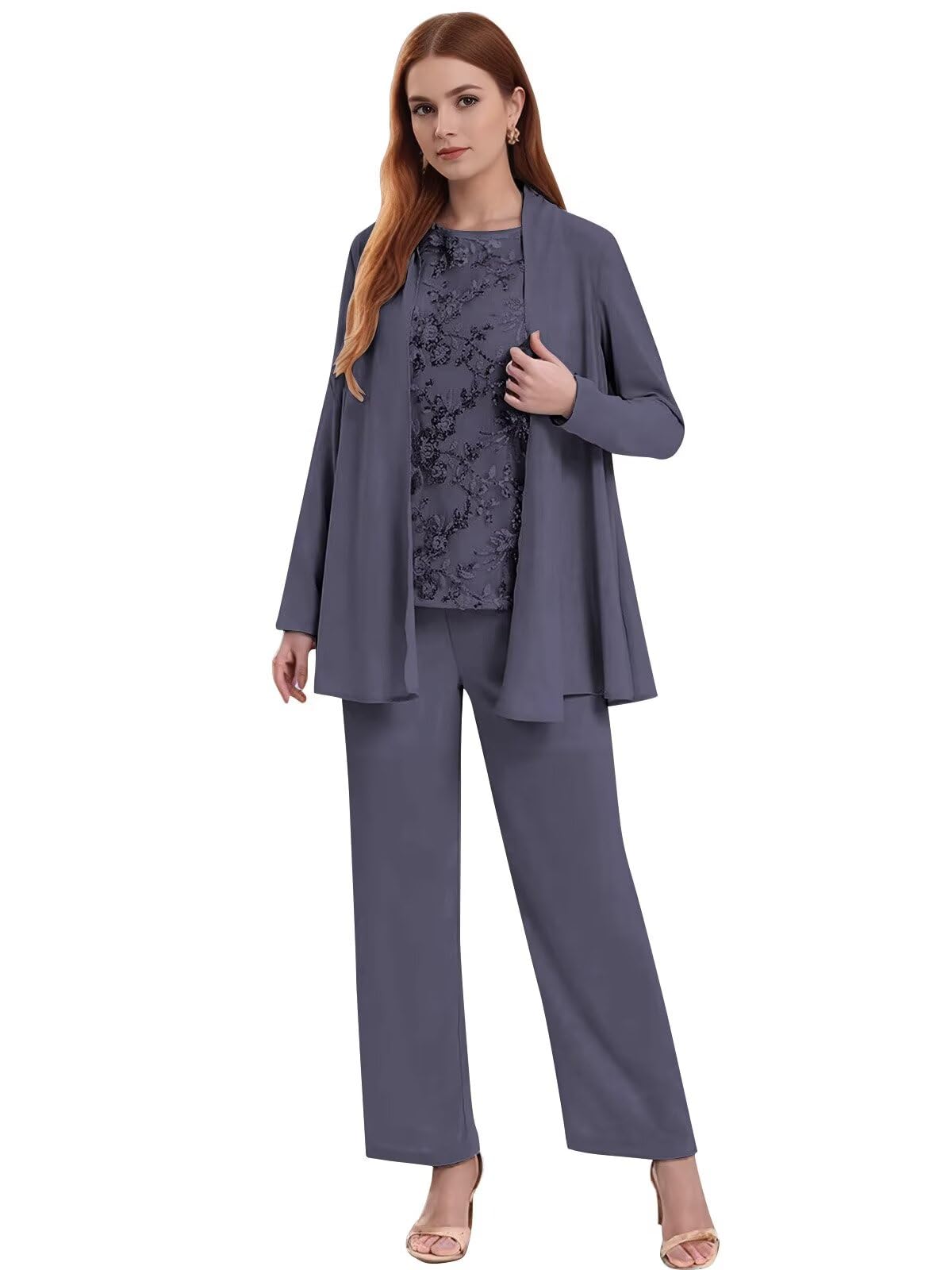 3 Piece Mother of The Bride Pantsuits for Wedding Chiffon Lace Beaded Sparkly Formal Evening Gown with Jacket