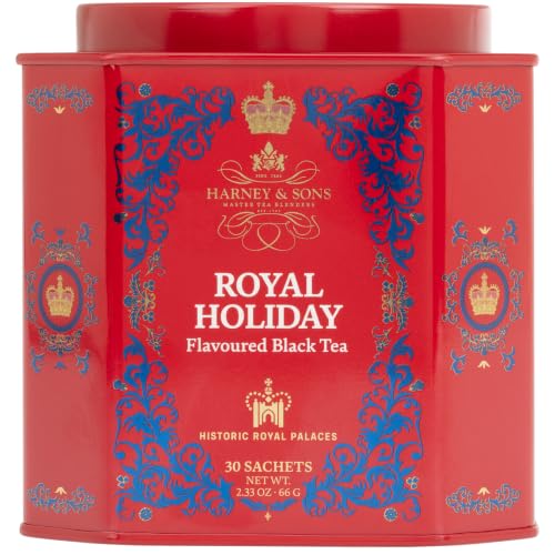 Image of Harney & Sons Royal Holiday Black Tea, 30 Pyramid Sachets | Festive black tea with plum, apricot, cherry, vanilla & bergamot flavors in 30 pyramid sachets.