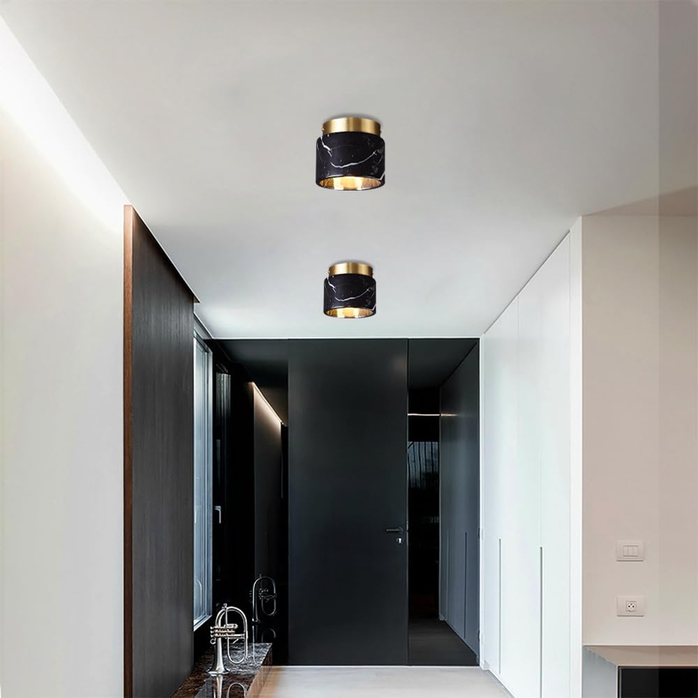 Nordic Marble Ceiling Light Cylindryczna Sufitowa Do Wejścia, Do Korytarza, Mosiężna Sufitowa Do Korytarza I Ganku, Mała Sufitowa Z Marmurowym Abażurem/Czarny
