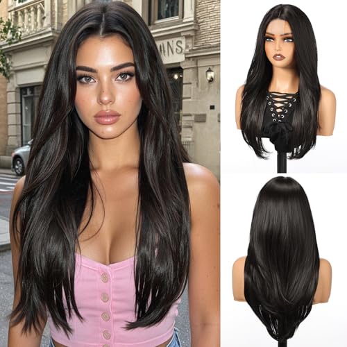 purshine Black Wig for Women, Long Straight Layered Style with Natural-Looking Middle Part, Heat Resistant Synthetic Wig for Daily Use