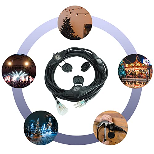 25Ft 14 Gauge Multi-Outlet Outdoor Heavy Duty Power Extension Cord, 4 Outlets Evenly Spaced Every 6Ft Fit For Landscaping Light, Stage Backline, Holiday Decoration And Christmas Lighting, Ul Listed #TOP6