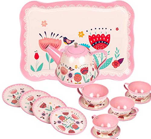 Noetoy Tea Set for Little Girls, Kids Tea Set 15 Piece Pink Tin Tea Party Set for Princess Tea Party and Kids Kitchen Pretend Play