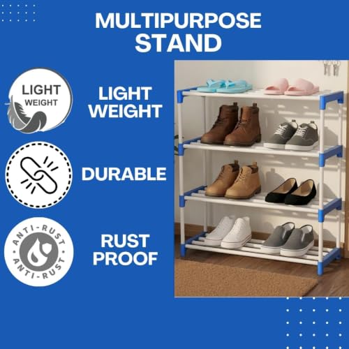 Image of 4 Tier Shoe Rack with Shelf, Thick Strong Pipes for Heavy Load Multipurpose Organizer Rack Shoe, Cloth & Book Storage Shelf for Home, Balcony, Living Room & Workspace