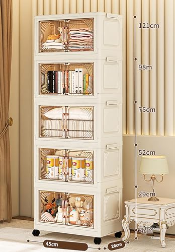 Image of House of Quirk Plastic 5-Layer Storage Cabinet with Wheels, Rolling Organizer for Home, Living Room, and Office - Durable, Space-Saving Solution for Sundries, Toys, and Essentials (45cm, Cream)