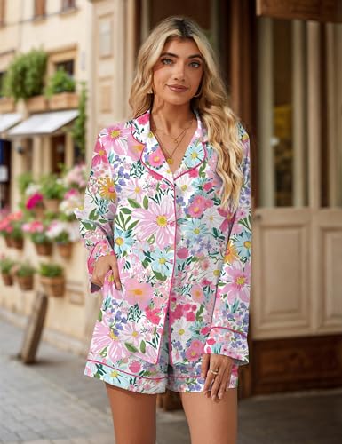 Image of SHESHOW Satin Pajama Set for Women Button Down Long Sleeve Top and Shorts Loungewear Set Funny Print Sleepwear XS-XXL