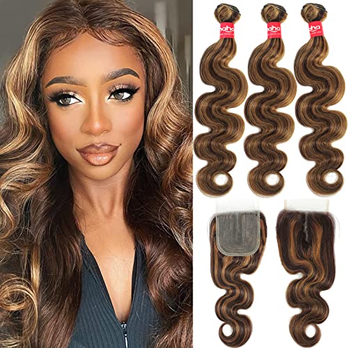 Haha Brazilian Body Wave Ombre Highlight Bundles with Closure Human Hair Ombre Brown Highlight Blonde Bundles with Lace Closure P4/27 Piano Color (14 16 18+12 T Part Closure 4x1)
