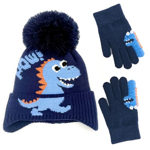 Kids Winter hat and Gloves Set | Toddler Winter beanie and Mittens with Blue Dinosaur, Boy Knit Pom Pom Hat with Gloves for 6-24 Months, Machine-Washable Acrylic, Great Birthday and Christmas Gift