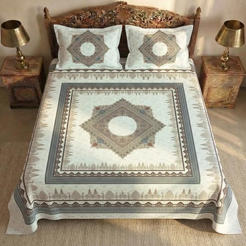 Image of Story@Home Rajasthani Theme Jaipuri Sanganeri Handblock Print Double Bedsheet 250x225 cm | Cotton Feel 240 TC Ultra Soft Fabric | Ivory Motif | Wrinkle Free Bedding Set