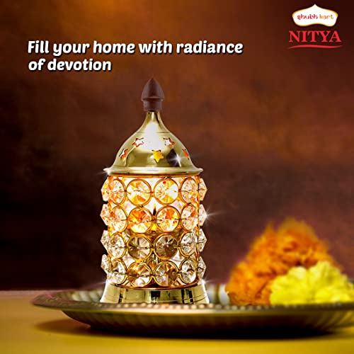 Image of Shubhkart Nitya Brass Crystal Diya for Diwali Decoration |Small Oil Lamp Lantern for Puja, Home Decor &Gifting |Decorative Deep Jyot Tea Light Holder for Mandir&Festivals (5.11 Inch,180gm), Multicolor