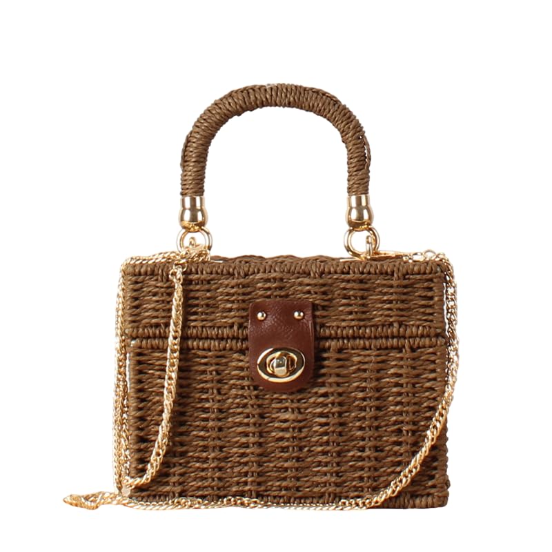 FUNSEED Small Square Box Summer Beach Straw Bag for Women, Fashion Handmade Woven Crossbody Bag Handbag for Vacation