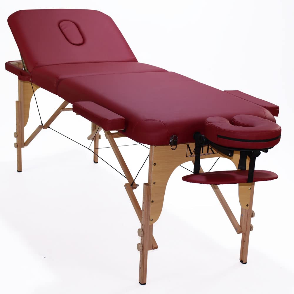 Mira Lettino da massaggio portatile leggero con schienale reclinabile accessoriato e borsone da trasporto varie colori disponibile (Burgundy)