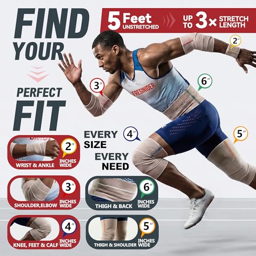 Image of FRESINIDER Premium Elastic Bandage Wrap 8 Pack, 2-6 Inch, Hook and Loop | Assorted-Width Cotton Compression Set Covers Wrist, Ankle, Knee and Thigh; Secure Ends for Full-Body Support and First Aid.
