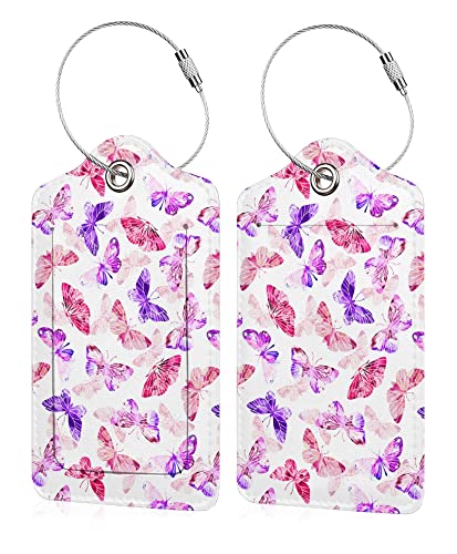 Image of Set of 2 Luggage Tags for Suitcases Women Butterfly Leather Suitcases Tag with Stainless Steel Loop Privacy Cover ID Label Pink Travel Bag Tags Luggage Identifiers for Women Men Travel