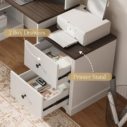Image of 67 inch L Shaped Executive Desk with Drawers & Storage Shelf, Corner Computer Desk with Power Outlets, Home Office Desk with Monitor Stand, Printer Shelf, Computer Writing Desk for Work, Antique White