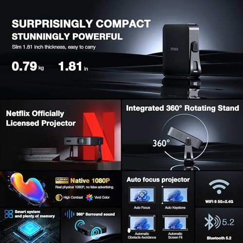 undefined 【Netflix-Licensed Projector & Native 1080P】Thinnest 1.81" Smart Mini Projector with WiFi and Bluetooth, Auto Focus & Keystone Portable Outdoor Projector, VOPLLS 4K Support Home Movie Projector(black) の商品画像 1