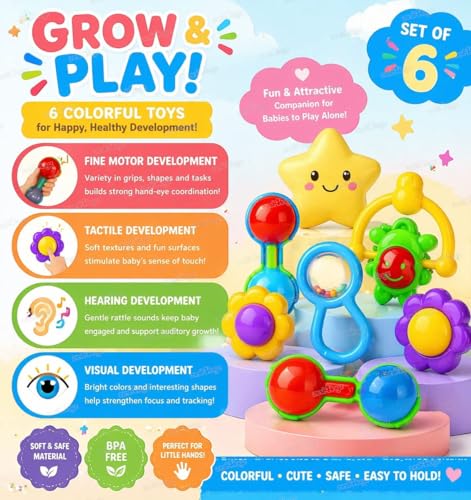 Image of Zest 4 Toyz Rattle Set for Babies 0-6 Months | New Born Baby Essentials | Colorful Attractive Non Toxic Plastic Shake & Grab Rattle Set Baby Toys | New Born Baby Gifts (Multicolor)