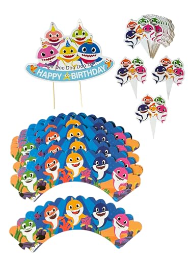 49Pcs Blue Shark Cupcake Decorations- 1 Happy Birthday Shark Cake...