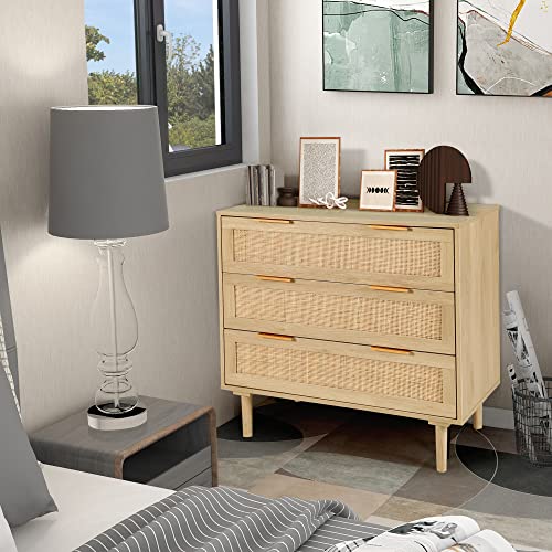 HOPUBUY 3 Drawer Dresser for Bedroom, Rattan Modern Closet Dressers Chest of Drawers, Wood Oak Storage Chest for Kids Bedroom, Hallway, Living Room - Image 7
