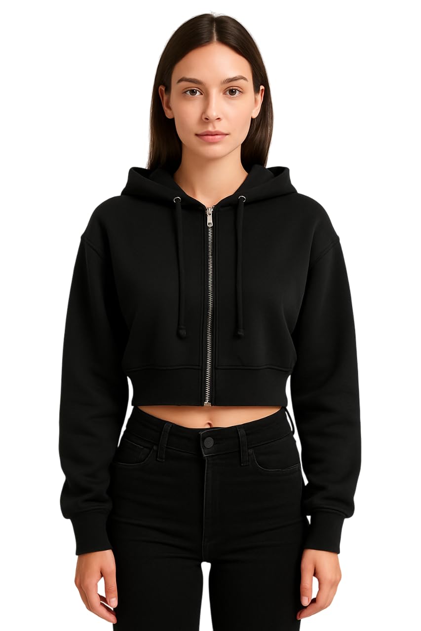 nuno Women's Cropped Zip-Up Hoodie, Athletic Sweatshirt, Available in Olive Green, Red, Black, Navy Blue, Brown, Full-Length Front Zipper, Drawstring Hood-picture-19