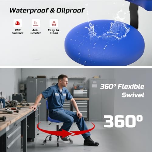 Image of Rolling Shop Stool with Wheels,Mechanic Garage Short Stool Chair with Adjustable Height 15.55 inch-18.3 inch,Heavy Duty Swivel Roller Seat for Garage,Salon and Tattoo Beauty, Blue