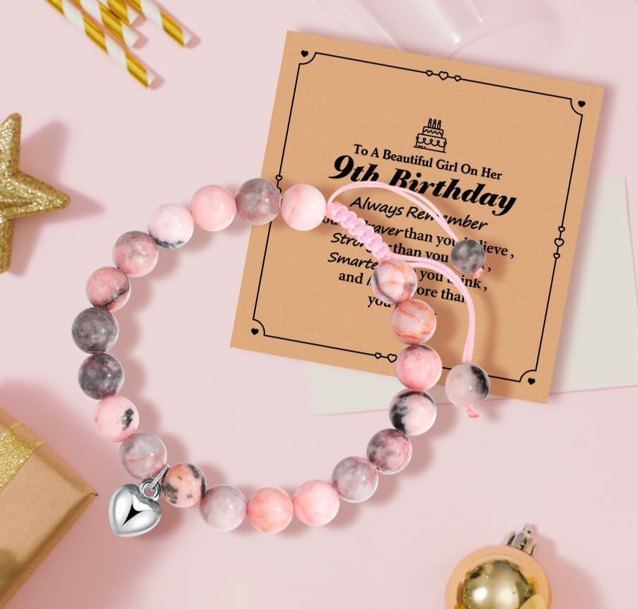 Adjustable Pink Natural Stone Heart Bracelet Birthday Gifts for age: 5-9 Year Old Daughter Daughter Big Sister Teen Girls Granddaughter Niece Girl,Christmas Gifts for Daughter Granddaughter Niece-592