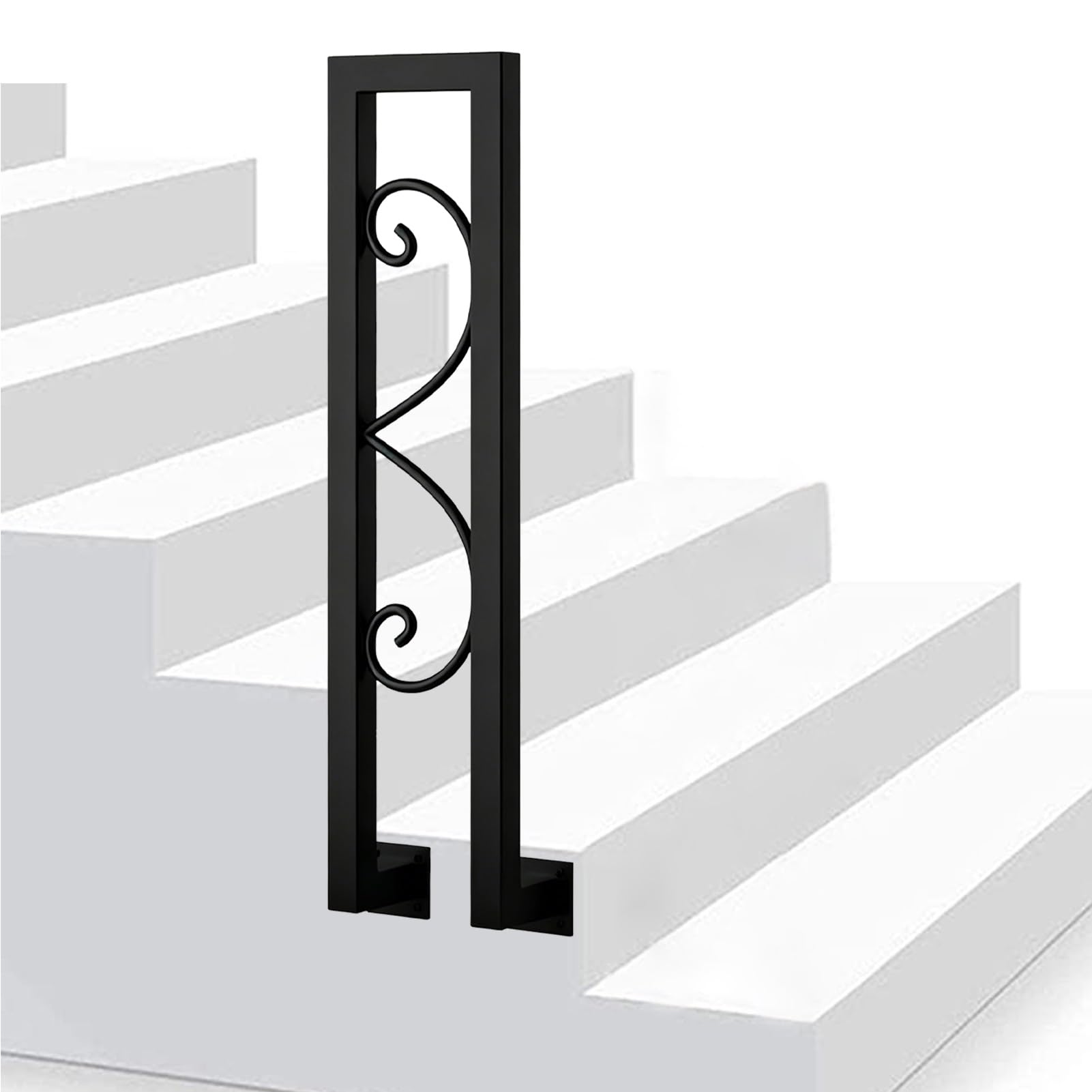 Metal Banister Hand Rails for Indoor Outdoor | Stair Railing Heavy Duty Wrought Iron Balusters for 1 Step, Side Mounted Support Rod - Black(95cm/37in)