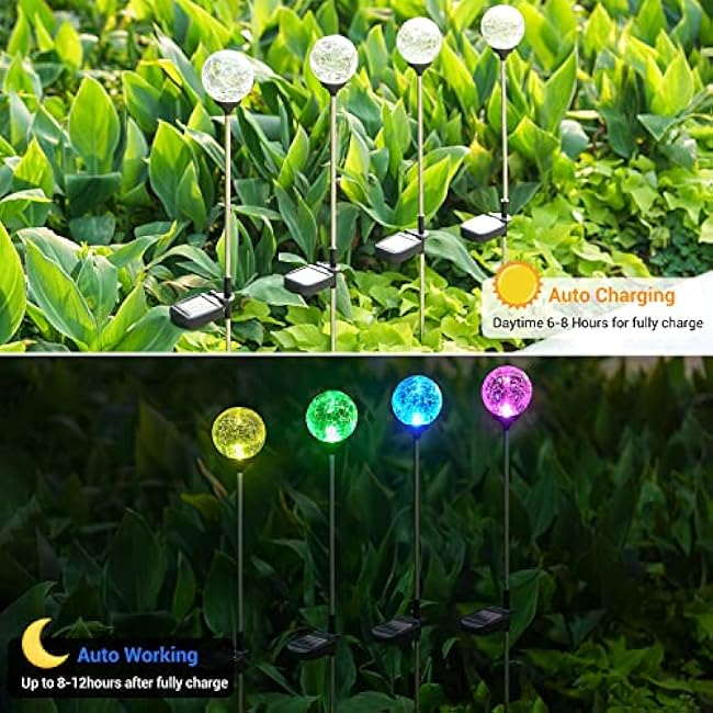 OxyLED Solar Globe Lights Outdoor 4 Pack Garden Stake Lights Waterproof Cracked Crystal LED Color Changing Solar Pathway Lighting Auto On/Off for Landscape Patio Yard Christmas Decoration