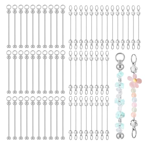 YMTWSRY 60 Pcs Bead Keyring Making Kit Silver Blank Beadable Keychain Making Kits for DIY Jewelry Keychains Accessories (Round & Flower-Shaped)