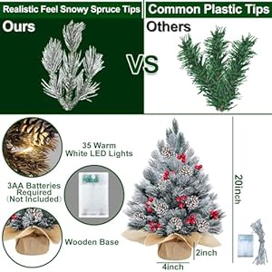 TURNMEON 20 Inch Realistic-Feel PE Snowy Small Tabletop Christmas Tree, Table Top Christmas Tree with 35 Lights Timer Battery Operated Chrisrmas Tree Berry Pinecone Burlap Base Xmas Decor Indoor Party TURNMEON 20 Inch Realistic Feel PE Snowy Small Tabletop Christmas Tree Table Top Christmas Tree with 35 Lights Timer Battery Operated Chrisrmas Tree Berry Pinecone Burlap Base Xmas Decor Indoor Party