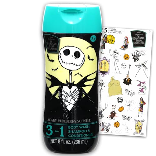 Nightmare Before Christmas Kids Shampoo, Conditioner, Body Wash 8 Oz Bottle - Bundle with Disney 3-in-1 Scary Blueberry Scented Body Wash, Shampoo & Conditioner Plus Stickers | Disney Bathroom Set