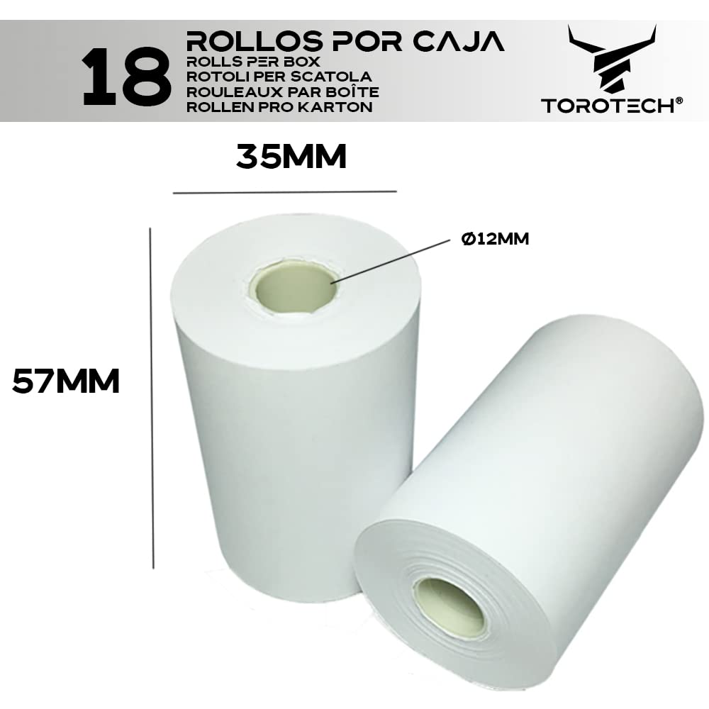 TOROTECH Rollos de Papel Térmico Blanco para Datáfonos 57x35x12mm - 18 Rollos -Ecológicos Sin BPA - Bobinas para Tickets Terminales Tarjetas Crédito Rodillos Impresora POS Alta Durabilidad (18)
