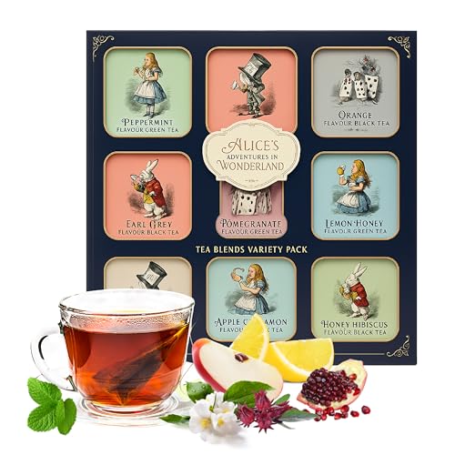 Assorted Tea Gifts for Women - Alice Adventures 9 x 36g Assorted Flavor Green Tea Variety - Total 36 Tea Bags. Great Gifts for Women Men Stocking Fillers Christmas Eve Box Fillers