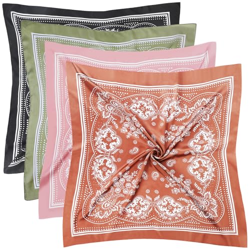 Image of Fishinsea 4 Pcs 27.5'' x 27.5'' Satin Silk Head Scarf Hair Scarves Large Bandanas Neck Scarf for Women Girls