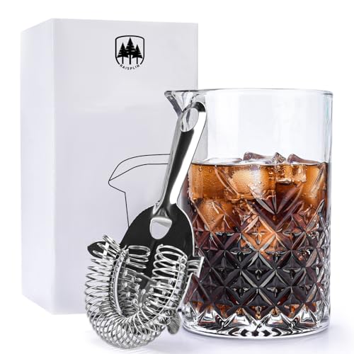 24oz/ 700ml Cocktail Mixing Glass & Strainer Set, Raisaplin Martini Cocktail Stirring Glass Thick Bottom Hand Blown Crystal Bartending Glasses Perfect for Mixing Old Fashioned Manhattan Negroni
