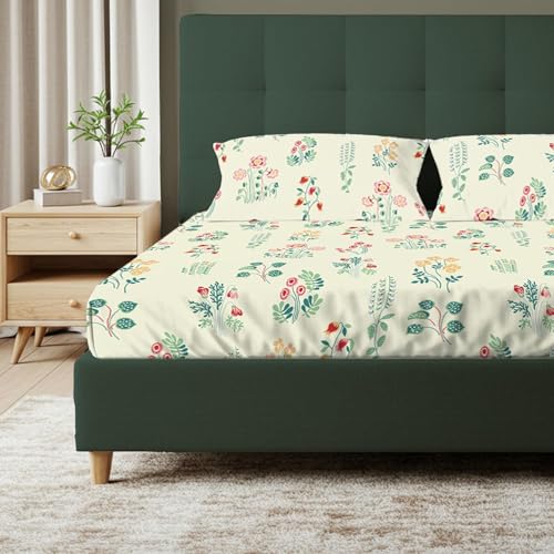 Image of Urban Space Serene 100% Cotton King Size Bedsheet, 200 TC Super Soft Bed Sheet for King Size Bed, Floral Design Flatsheet King bedsheet with Two Pillow Covers (108 x 108 Inches, Eden Cream)
